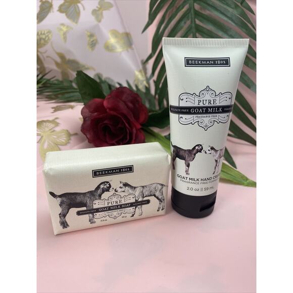 Set of 2 Beekman 1802 Pure Goat Milk Body Bar Soap 3.5 oz & Hand Cream 2.0 oz - Picture 1 of 6
